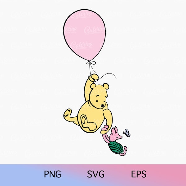 Winnie The Pooh SVG PNG, Pooh Baby Shower Pink Balloon, Classic Pooh Piglet SVG, Cake Topper, Nursery Decor, Cricut Cutting File Sublimation