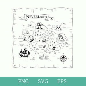 May include: Black and white map of Neverland, featuring landmarks like Skull Rock, Mermaid Lagoon, and the Jolly Roger pirate ship. The map includes a compass rose and the text "NEVERLAND" in a banner.