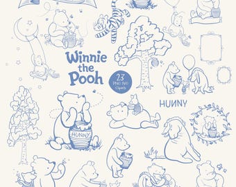 Classique Winnie l'ourson contour bleu Clipart SVG PNG, décoration vintage pour baby shower