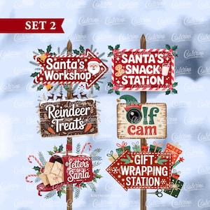 Letreros navideños imprimibles: taller de Papá Noel, cámara de duendes, estación de refrigerios y decoración para fiestas de envoltura de regalos