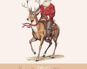 May include: An illustration of Santa Claus wearing a red cowboy hat and jacket, riding a brown reindeer. Santa has a white beard and is wearing a brown belt and pants. The reindeer has large antlers and a red ribbon around its neck. The image has the text "High Quality Designs".