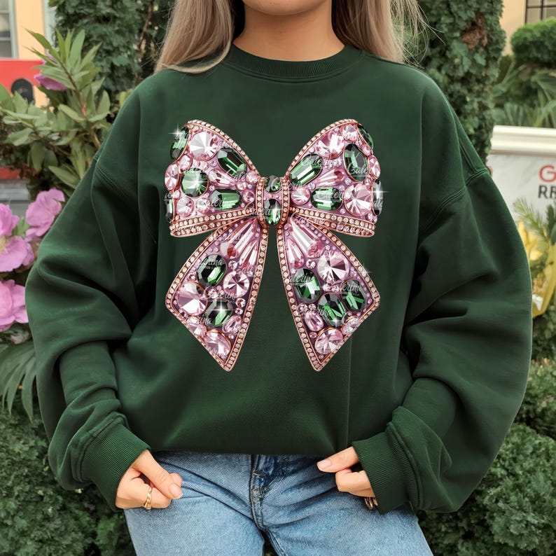May include: Dark green sweatshirt featuring a large, jeweled bow design. The bow is embellished with pink and green gemstones and a gold-colored outline. The sweatshirt has long sleeves and a crew neck.