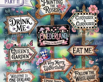 Alice in Wonderland Party Signs: Directional Arrows, Mad Hatter Decor, Onederland Birthday, Baby Shower