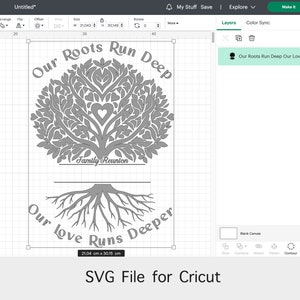 May include: A gray SVG file for Cricut featuring a stylized tree with roots and leaves. The text "Our Roots Run Deep" is written around the tree, and the text "Our Love Runs Deeper" is written around the roots. The text "Family Reunion" is written on a banner hanging from the tree.