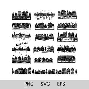 Pacchetto SVG di 16 modelli per plotter di villaggi natalizi, casette di pan di zenzero con paesaggio invernale, scena natalizia magica per Cricut e sublimazione