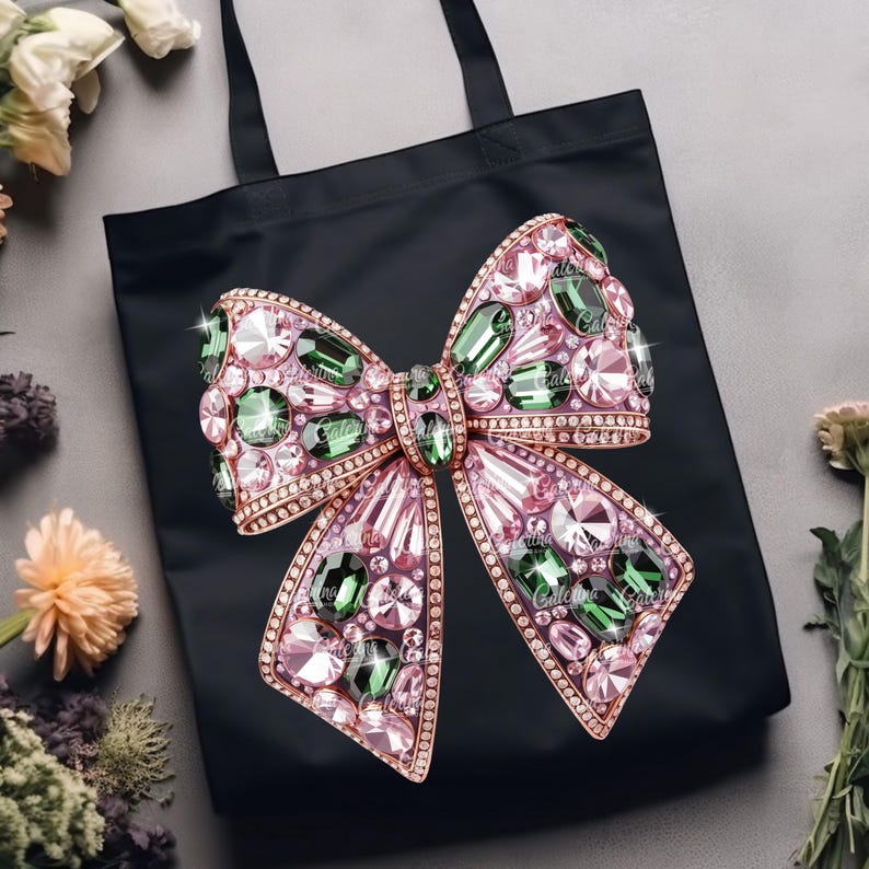 May include: Black tote bag featuring a large, ornate bow design. The bow is embellished with pink, green, and clear gemstones set in a gold-colored metal frame. The bag has black handles and is likely made of fabric.