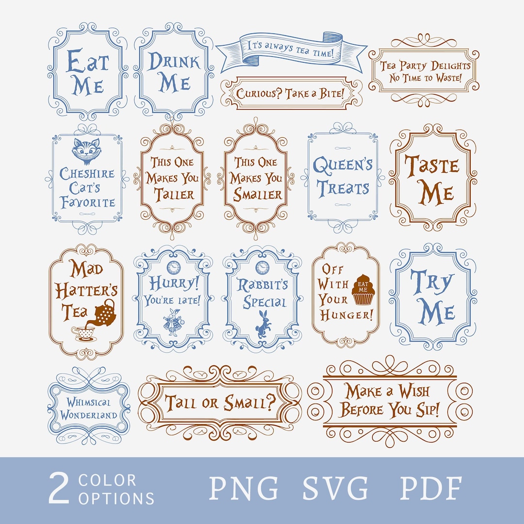 Alice in Wonderland Party Labels SVG, Eat Me Drink Me Tags PNG, Vintage ...