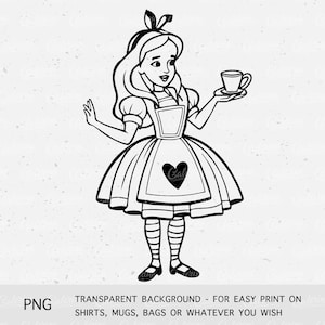 May include: Black and white line art illustration of Alice from Alice in Wonderland holding a teacup. She is wearing a dress with a heart on the front and a bow in her hair.