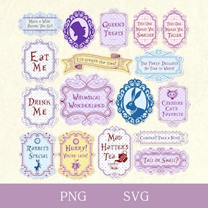 Alice au pays des merveilles tags SVG, étiquettes imprimables Tea Party, vintage « Drink Me », « Eat Me », panneaux d'anniversaire du chapelier fou PNG Cricut Decor