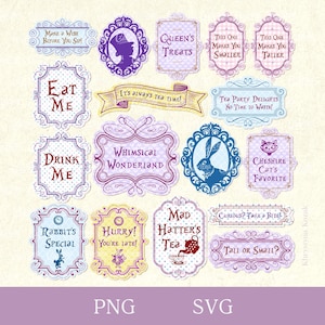 Letreros de Alicia en el País de las Maravillas para la fiesta del té SVG, PNG: Etiquetas vintage imprimibles, decoración del Sombrerero Loco con "Bébeme", "Cómeme"