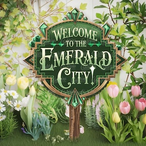 Letrero de Ciudad Esmeralda para decoración de fiesta imprimible, bandera de jardín vintage, pancarta de bienvenida de mago PNG
