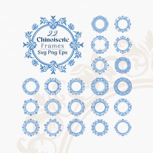 Chinoiserie cirkelframes Svg Png-bundel Vintage bloemenkrans Clipart voor bruiloften Branding verpakking Svg-bestanden voor Cricut Silhouette