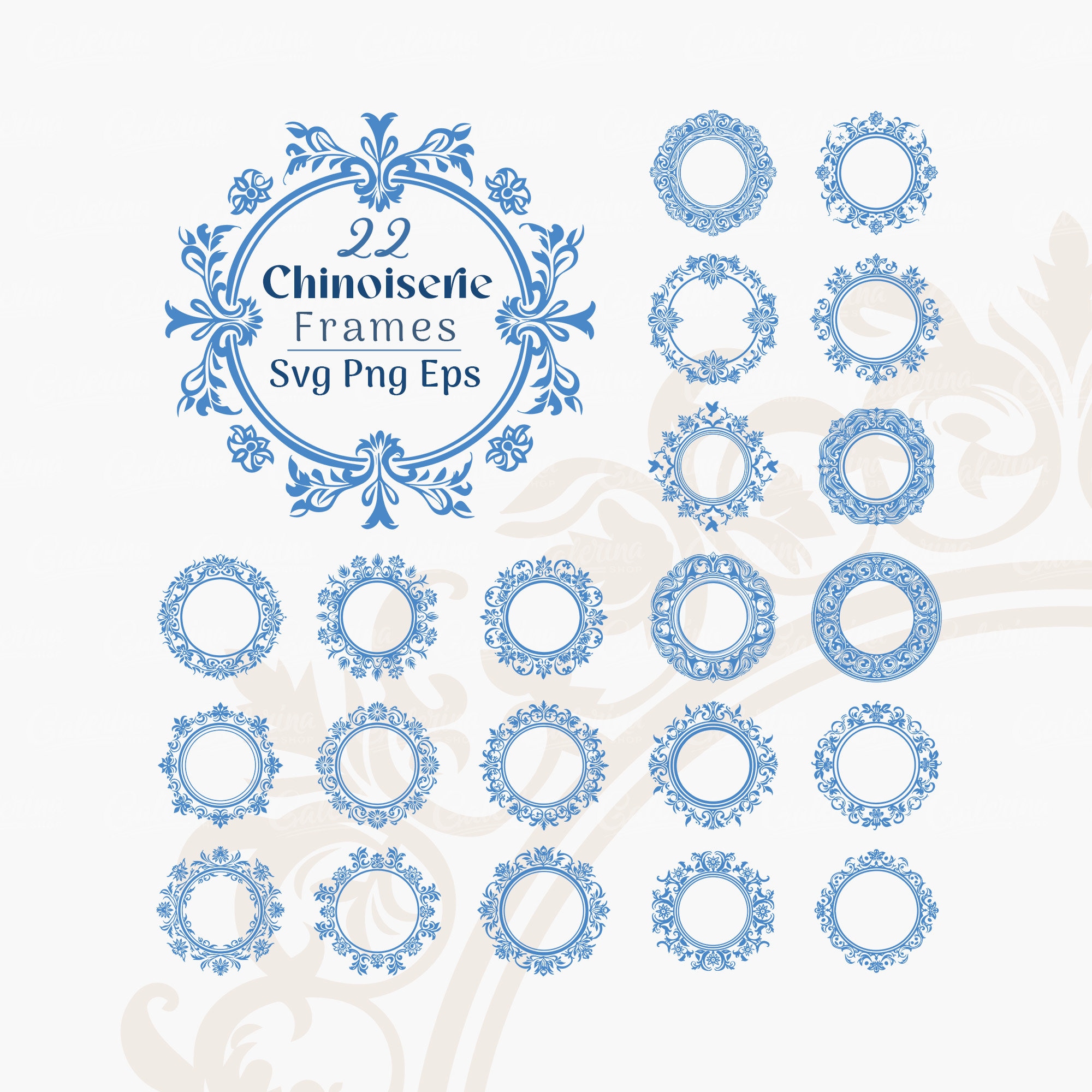 Chinoiserie Circle Frames Svg Png Bundle Vintage Floral Wreath Clipart for Weddings Branding Packaging Svg Files for Cricut Silhouette