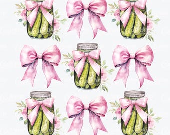 May include: Six glass jars filled with green pickles, each tied with a pink ribbon bow. The jars are surrounded by watercolor illustrations of pink flowers and green leaves.