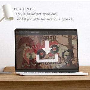 May include: A laptop displays a digital printable file with a red tractor, heart, and the text "HEART". The screen also shows a white download icon. The text "PLEASE NOTE! This is an instant download digital printable file and not a physical" is above the laptop.