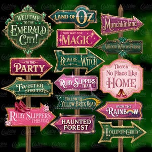 Cartelli direzionali del Mago di Oz, frecce fantasy rosa e verdi in formato PNG, decorazioni stampabili di Emerald City, nessun posto è come casa, strega della foresta incantata