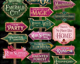Cartelli direzionali del Mago di Oz, frecce fantasy rosa e verdi in formato PNG, decorazioni stampabili di Emerald City, nessun posto è come casa, strega della foresta incantata