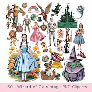 Wizard of Oz PNG Clipart Bundle – 30+ Vintage Green/Pink Graphics, Dorothy, Tin Man, Wicked Witch, Retro Fairy Tale Sublimation & Crafts
