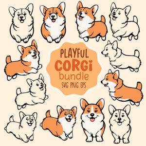 Speelse Corgi SVG-bundel, kawaii schets puppy clipart, gelaagde hond gesneden bestanden voor de Cricut & Silhouette, schattige hond karakter voor hond moeder geschenken