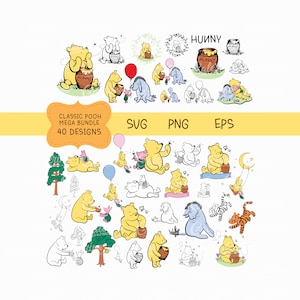 Winnie The Pooh SVG Bundle 40 PNG Pooh Baby Shower Classic Pooh Kuchen Topper Kinderzimmer Dekor Cricut Silhouette Glowforge Cutt Datei Sublimation