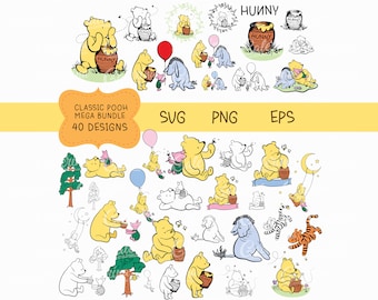 Winnie The Pooh SVG Bundle 40 PNG Pooh Baby Shower Classic Pooh Cake Topper Nursery Decor Cricut Silhouette Glowforge Cutt File Sublimation