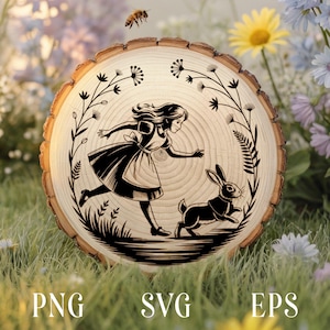 Alicja w Krainie Czarów SVG, Dziewczyna goniąca królika Plik laserowo cięty, Sylwetka bajki, Sublimacja PNG, Tea Party Cricut, Grawerowanie plastrów drewna