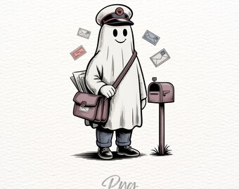 Spökpostbärare Clipart PNG – Söt spökbrevbärare med brevpåse och brev, Halloween-postarbetarskelett för sublimering