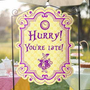 Alice in Wonderland &quot;Hurry! You&#39;re Late!&quot; Banner PNG, SVG, Tea Party Printable Decor, White Rabbit Sign, Mad Hatter Party, Instant Download