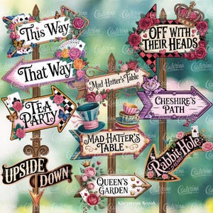 Alice im Wunderland Party Schilder - Richtungspfeile PNG, Mad Hatter Tea Party Dekor, Geburtstag oder Babyparty, Sofort Download