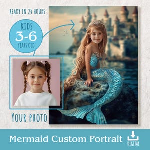 Retrato personalizado de La Sirenita a partir de una foto de un niño, obra de arte personalizada del mundo de la fantasía, regalo para una cumpleañera, cuento de hadas de Hans Christian Andersen