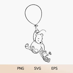 Winnie l'ourson SVG et PNG - Ourson classique avec clipart ballon volant pour baby shower ou premier anniversaire. Dessin au trait pour Cricut ou sublimation.
