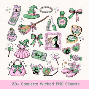 Puede incluir: Un conjunto de más de 20 imágenes de clipart digitales con un esquema de color caprichoso, verde y rosa. Las imágenes incluyen un sombrero de bruja, una escoba, una varita mágica, un par de gafas de sol en forma de corazón, un bolso, una botella de poción, un boleto, un espejo compacto, un lazo, un teléfono celular, un par de zapatos y una imagen enmarcada. Las imágenes son perfectas para agregar un toque de capricho a tus proyectos digitales.