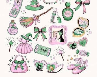 May include: A set of 20+ digital clipart images featuring a whimsical, green and pink color scheme. The images include a witch's hat, a broom, a magic wand, a pair of heart-shaped sunglasses, a purse, a bottle of potion, a ticket, a compact mirror, a bow, a cell phone, a pair of shoes, and a framed picture. The images are perfect for adding a touch of whimsy to your digital projects.