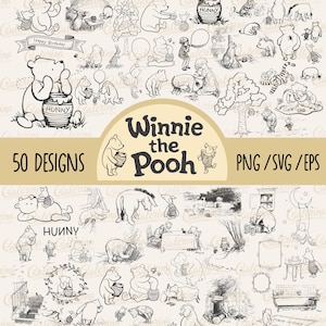 Nalle Puh SVG Outline Clipart, Klassisk Puh Björn Baby Shower, PNG Cricut-filer
