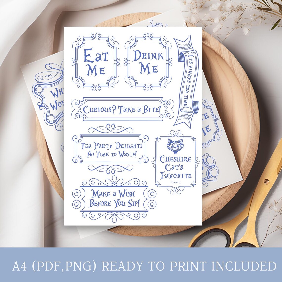 Alice in Wonderland Party Labels SVG, Eat Me Drink Me Tags PNG, Blue ...