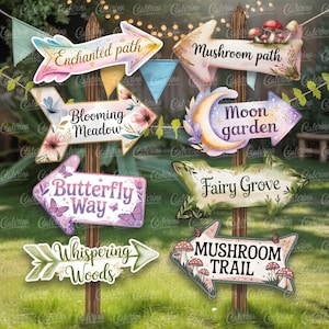 May include: A collection of whimsical arrow signs with nature-themed destinations. The signs feature phrases like "Enchanted Path," "Mushroom Trail," and "Butterfly Way," with floral and mushroom illustrations. The signs are mounted on wooden posts in a grassy setting.