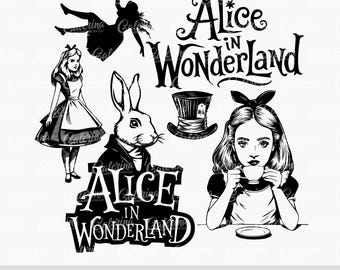 Paquete SVG de Alicia en el País de las Maravillas: Imágenes prediseñadas vintage, PNG de fiesta de té, símbolo de Alicia para sublimación