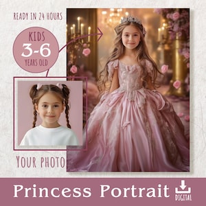 Custom Princess Portrait from Photo, Personalized Fantasy World Artwork, Birthday Girl’s Gift, Pink & Gold Royal Scene Keepsakes