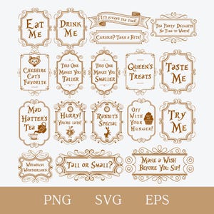 Étiquettes SVG Tea Party Alice au pays des merveilles, vintage Drink Me Eat Me PNG Tags, décoration d'anniversaire du Chapelier fou, signes imprimables de téléchargement immédiat