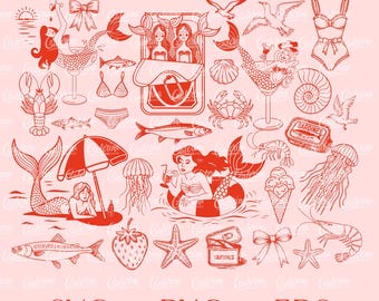 May include: A collection of red and white illustrations on a pink background, featuring mermaids, sea creatures, and beach-themed elements. Includes mermaids, fish, seashells, and text that says "SVG", "PNG", and "EPS".