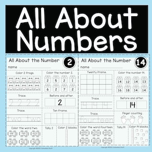 May include: A black and white educational worksheet titled "All About Numbers". The worksheet includes activities for the numbers 2 and 14, such as tracing, coloring, and counting. The text includes "Color 2 frogs" and "Color the number 14".