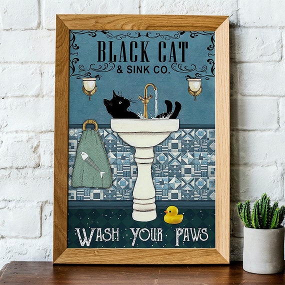 Black Cat and Sink CO Wash Your Paws Poster, Bathroom Decor, Wall Art Decor,  Black Cat Poster, Funny Bathroom Poster No Frame Canvas 