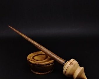 Elegant Walnut Shaft and Apple Whorl Support Spindle Set: 20.5 cm Length, 25 grams, with Red Oak Support Bowl