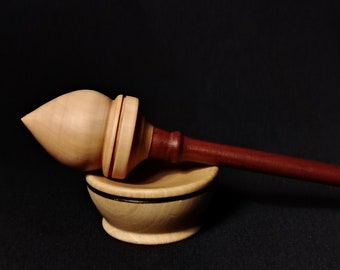 Exquisite Myrobalan Plum Shaft and Pear Whorl Support Spindle Set: 26 cm Length, 35 grams, with Walnut Support Bowl (5.5 cm Diameter)