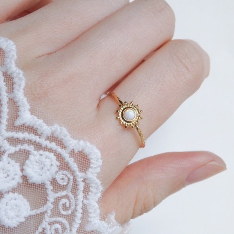 14k Gold Opal Ring Gifts For Her Natural Opal Ring Stacking Ring Minimalist Ring Sunflower Dainty Ring Promise Ring Birthstone Ring