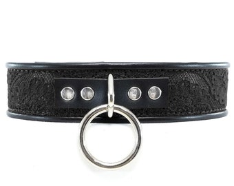 Submissive / Slave Collar Leather Bondage Restraint with Black Lace
