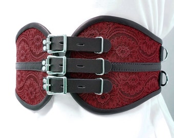 Leather Waist Bondage Restraint Cincher Style Belt in Dark Red Lace