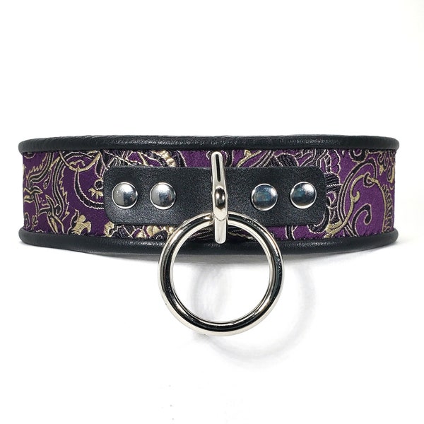 Submissive / Slave Collar Leather BDSM Bondage Restraint with Purple & Gold Brocade