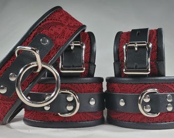 Submissive Collar Wrist and Ankle Leather Bondage Restraints in Dark Red Lace