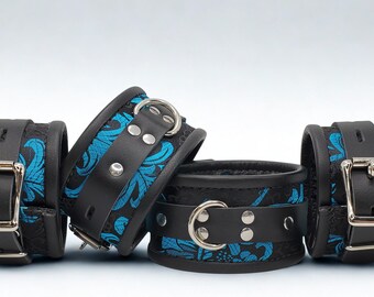 Collar, Wrist & Ankle Cuff Set Leather Bondage Restraints in Blue Feather Brocade